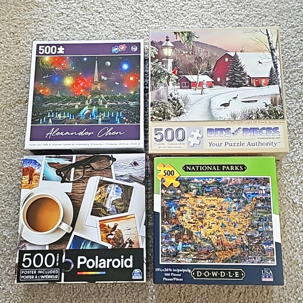 500 piece puzzles, lot of 4. National Parks, Paris, Iceland, winter scene